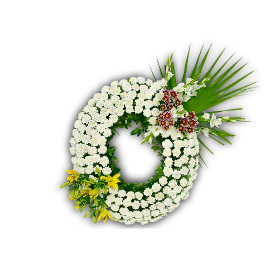 Corona de flores de clavel, gladiolos, crisantemos, lilium y palmitos