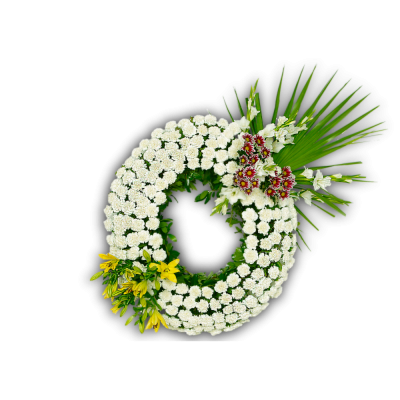 Corona de flores de clavel, gladiolos, crisantemos, lilium y palmitos